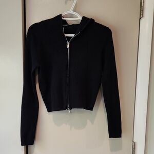 Brandy Melville Navy Ribbed Hooded Zip Up Sweater